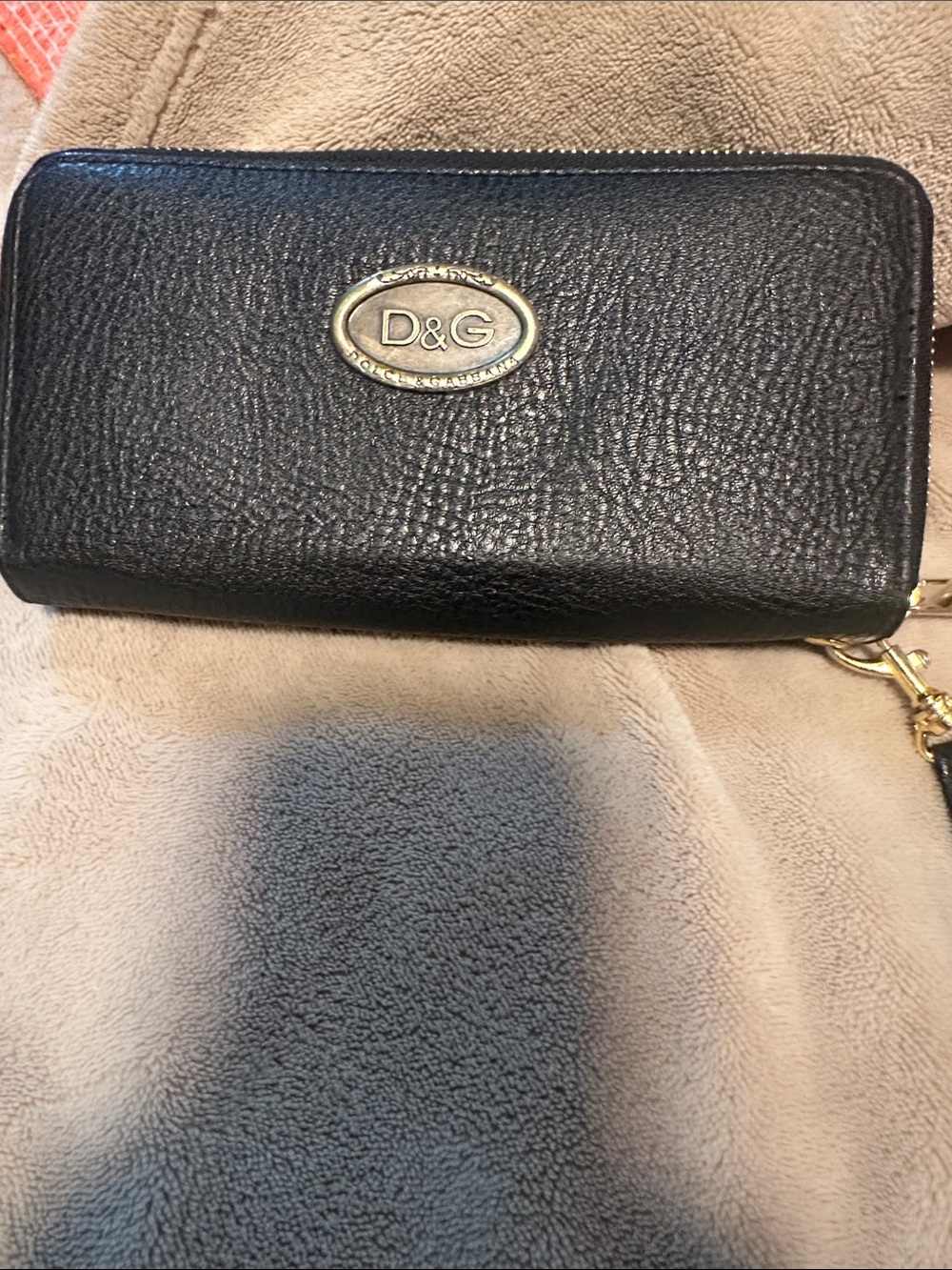 D&G Black Pebbled Leather Zip-Around Wallet with Gold Logo